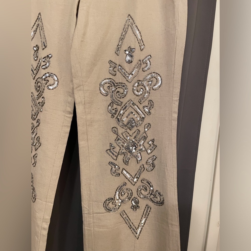 Venus Pants Beaded Linen Blend Bohemian Tan Size 8 - Picture 3 of 16